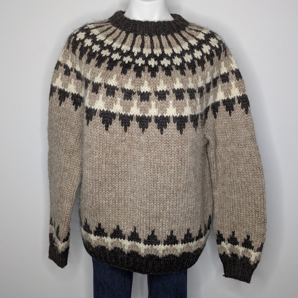 Vintage Thorvaldsens Bazar Icelandic Tan Cream Brown Wool Sweater L - Picture 1 of 8